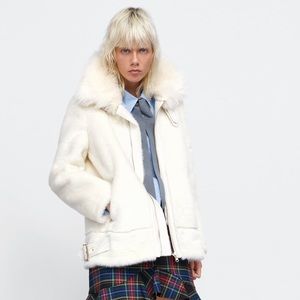 Zara Off White Faux Fur Aviator Biker Jacket Coat Sz S Small